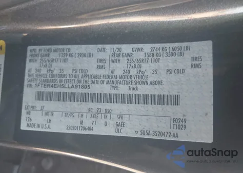 2020 Ford Ranger Xlt из США, поврежденный, VIN 1FTER4EH5LLA91805